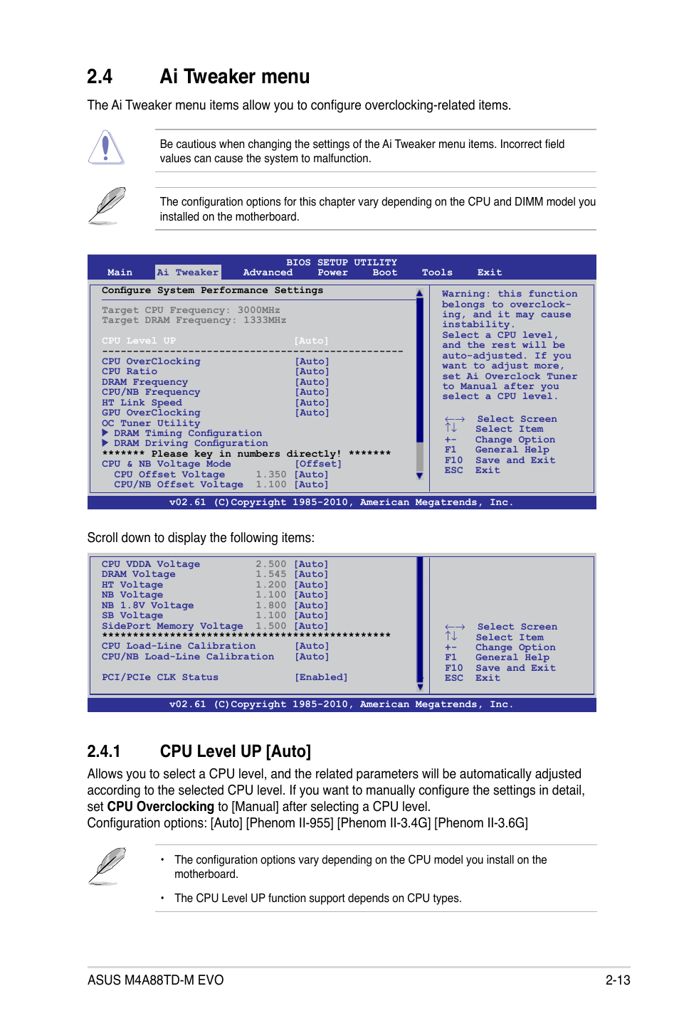 4 ai tweaker menu, 1 cpu level up, Ai tweaker menu -13 2.4.1 | Cpu level up -13, 1 cpu level up [auto, Scroll down to display the following items | Asus M4A88TD-M EVO/USB3 User Manual | Page 61 / 80