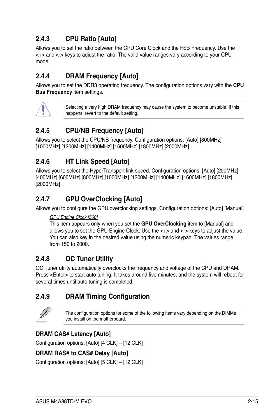 3 cpu ratio, 4 dram frequency, 5 cpu/nb frequency | 6 ht link speed, 7 gpu overclocking, 8 oc tuner utility, 9 dram timing configuration, Cpu ratio -15, Dram frequency -15, Cpu/nb frequency -15 | Asus M4A88TD-M EVO/USB3 User Manual | Page 63 / 80