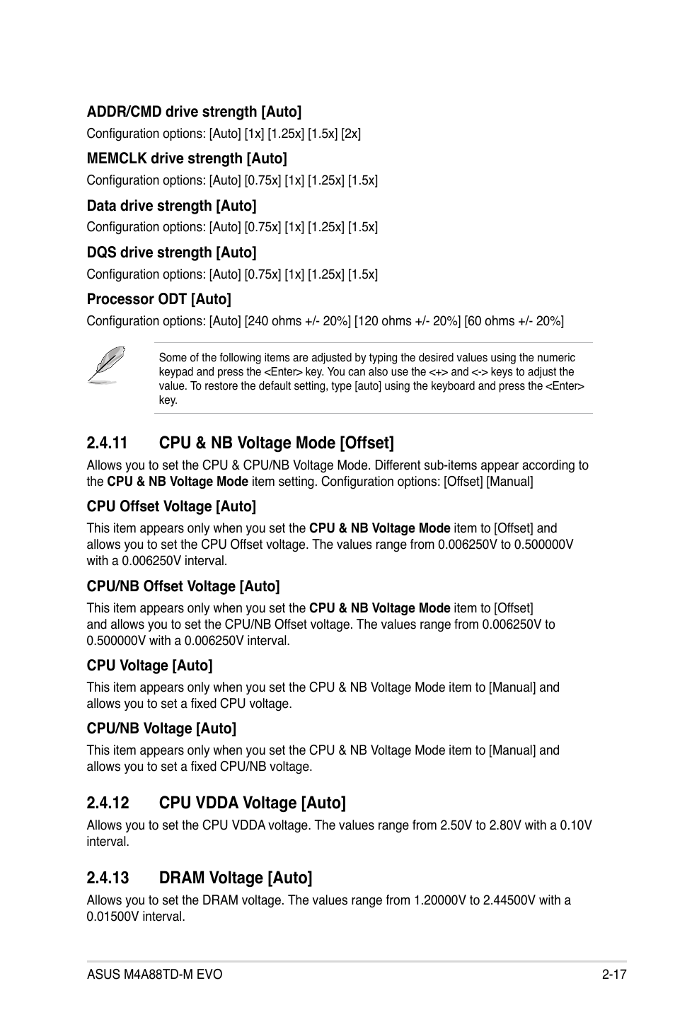 11 cpu & nb voltage mode, 12 cpu vdda voltage, 13 dram voltage | 11 cpu & nb voltage mode [offset, 12 cpu vdda voltage [auto, 13 dram voltage [auto | Asus M4A88TD-M EVO/USB3 User Manual | Page 65 / 80