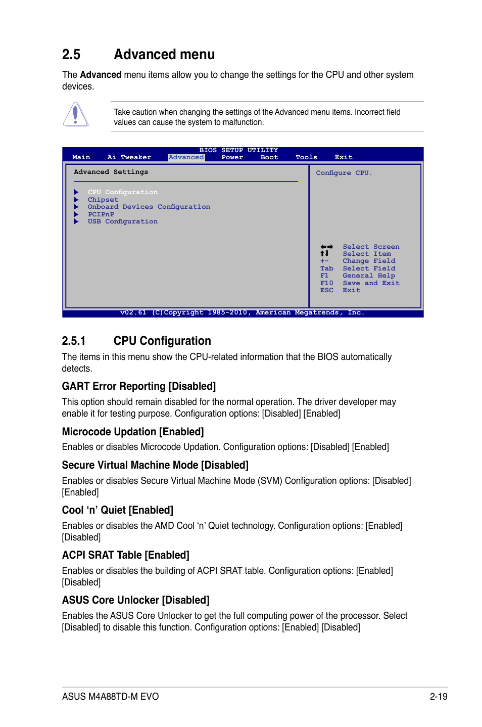 5 advanced menu, 1 cpu configuration, Advanced menu -19 2.5.1 | Cpu configuration -19 | Asus M4A88TD-M EVO/USB3 User Manual | Page 67 / 80