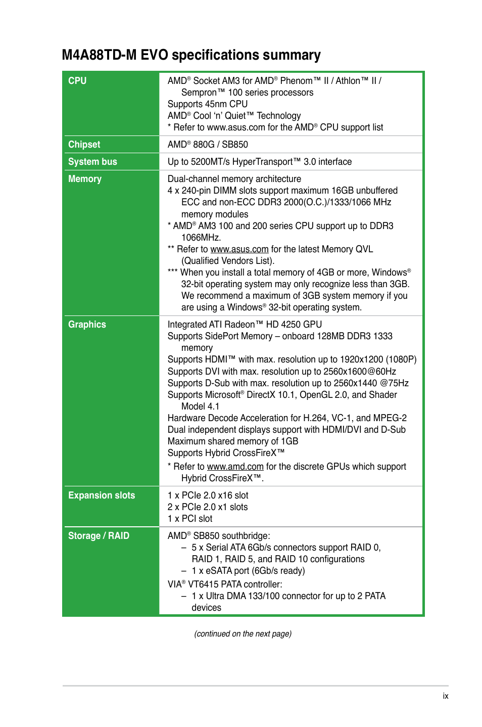 M4a88td-m evo specifications summary | Asus M4A88TD-M EVO/USB3 User Manual | Page 9 / 80