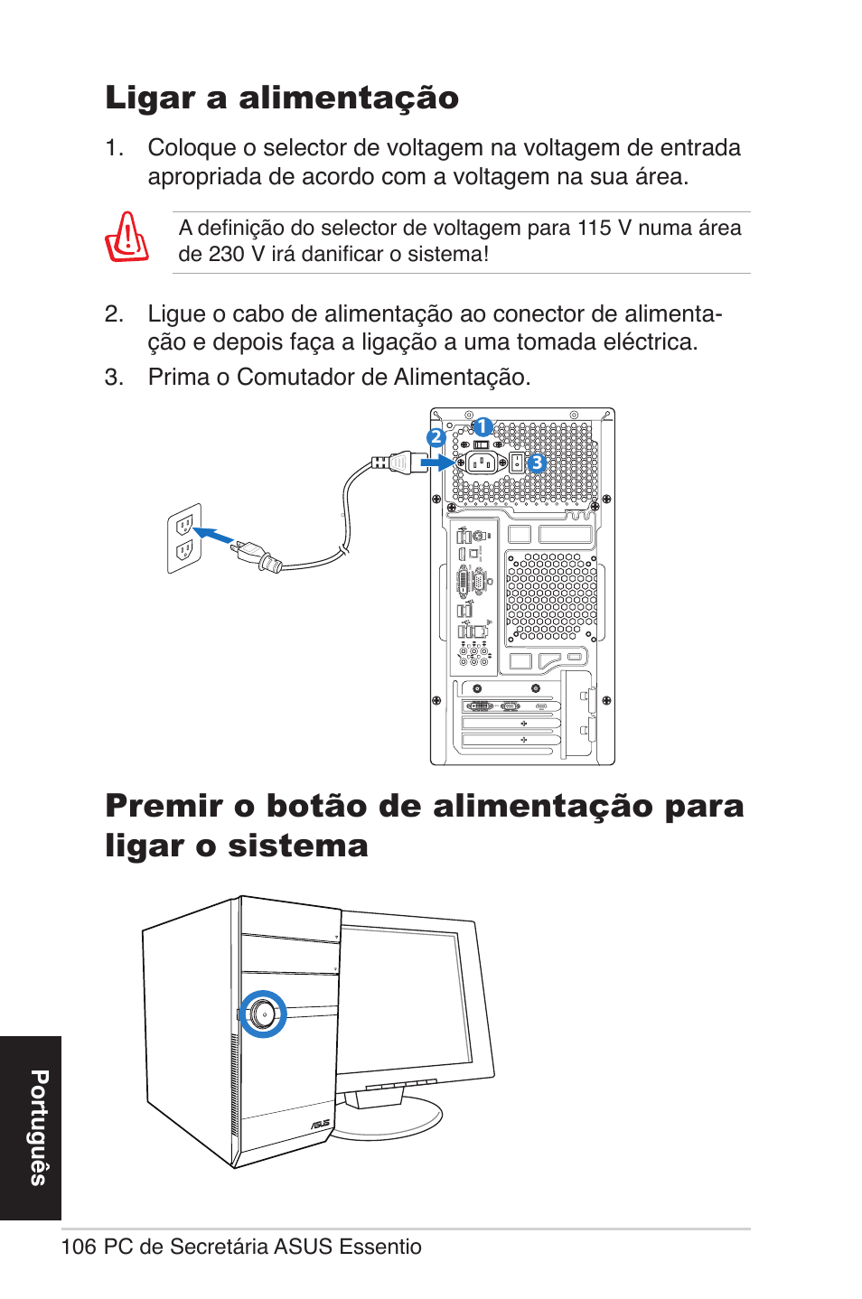 Ligar a alimentação, Português | Asus CM5570 User Manual | Page 106 / 200