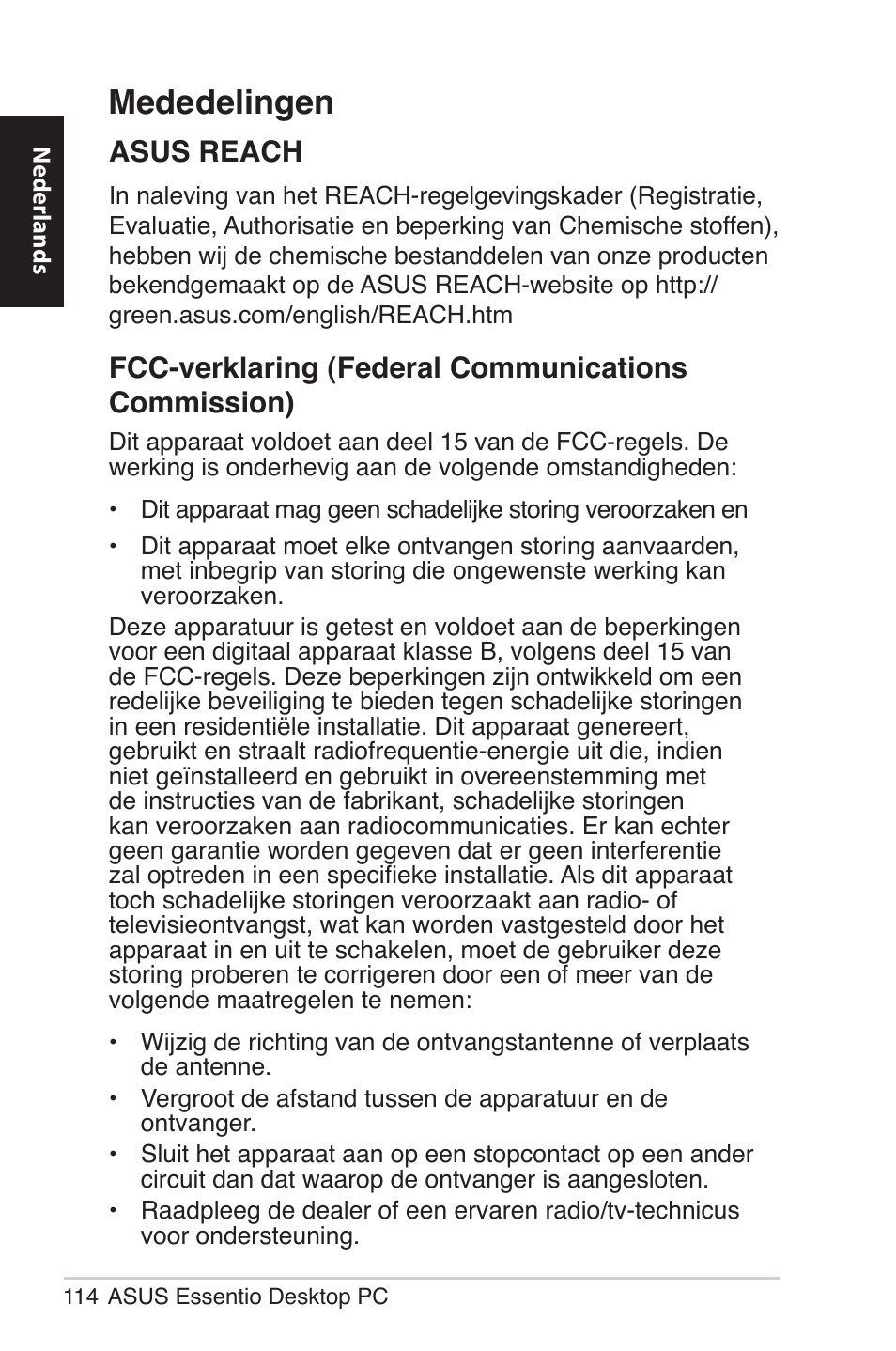 Mededelingen, Asus reach, Fcc-verklaring (federal communications commission) | Asus CM5570 User Manual | Page 114 / 200