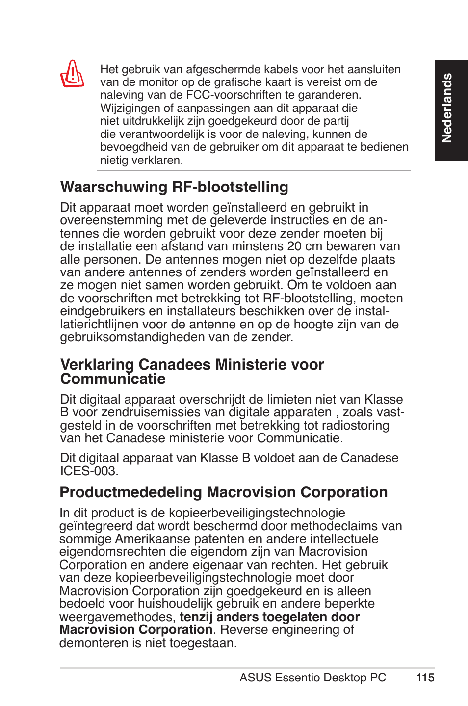 Verklaring canadees ministerie voor communicatie, Productmededeling macrovision corporation, Waarschuwing rf-blootstelling | Asus CM5570 User Manual | Page 115 / 200