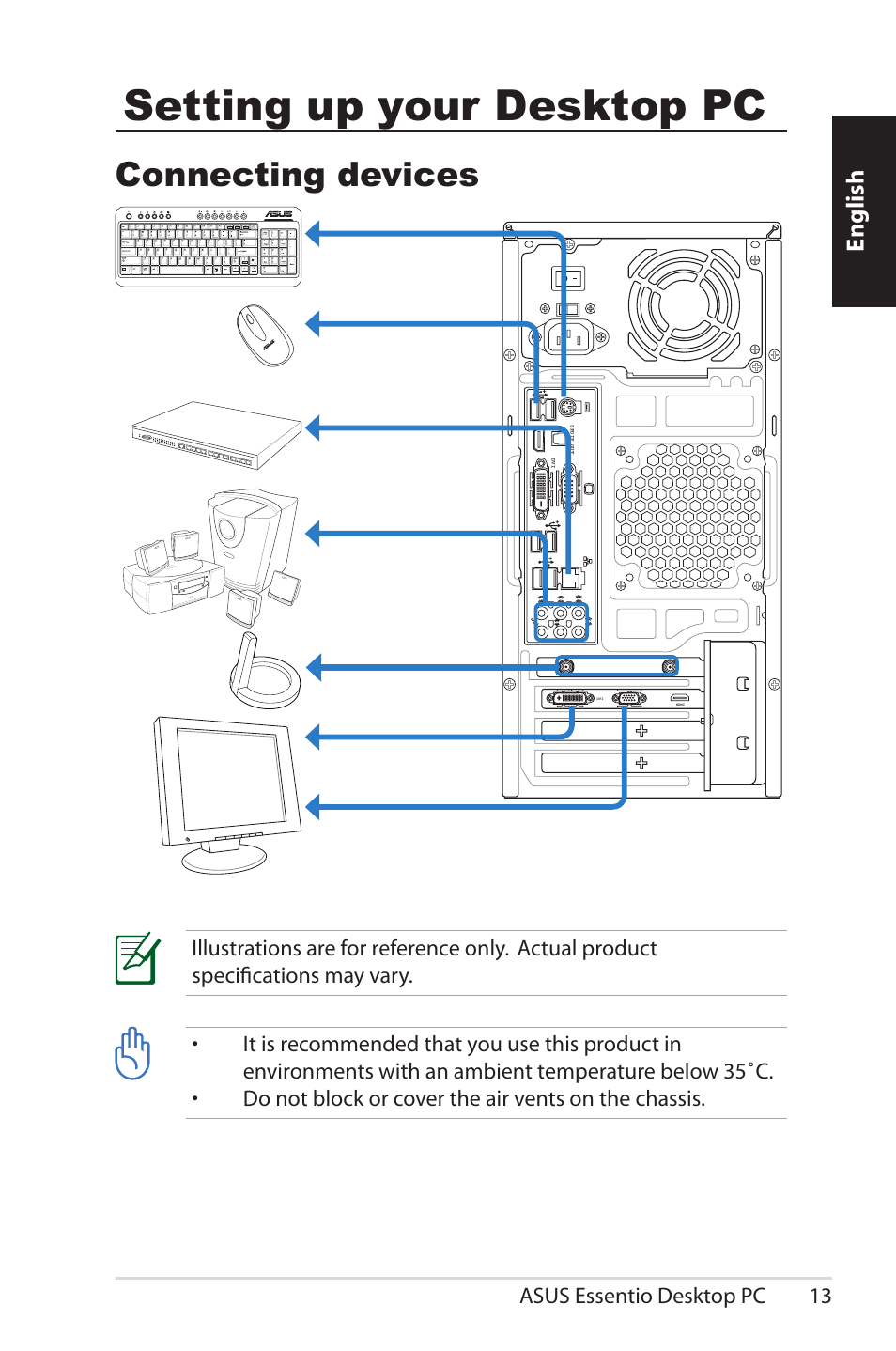 Setting up your desktop pc, Connecting devices, English | Asus CM5570 User Manual | Page 13 / 200