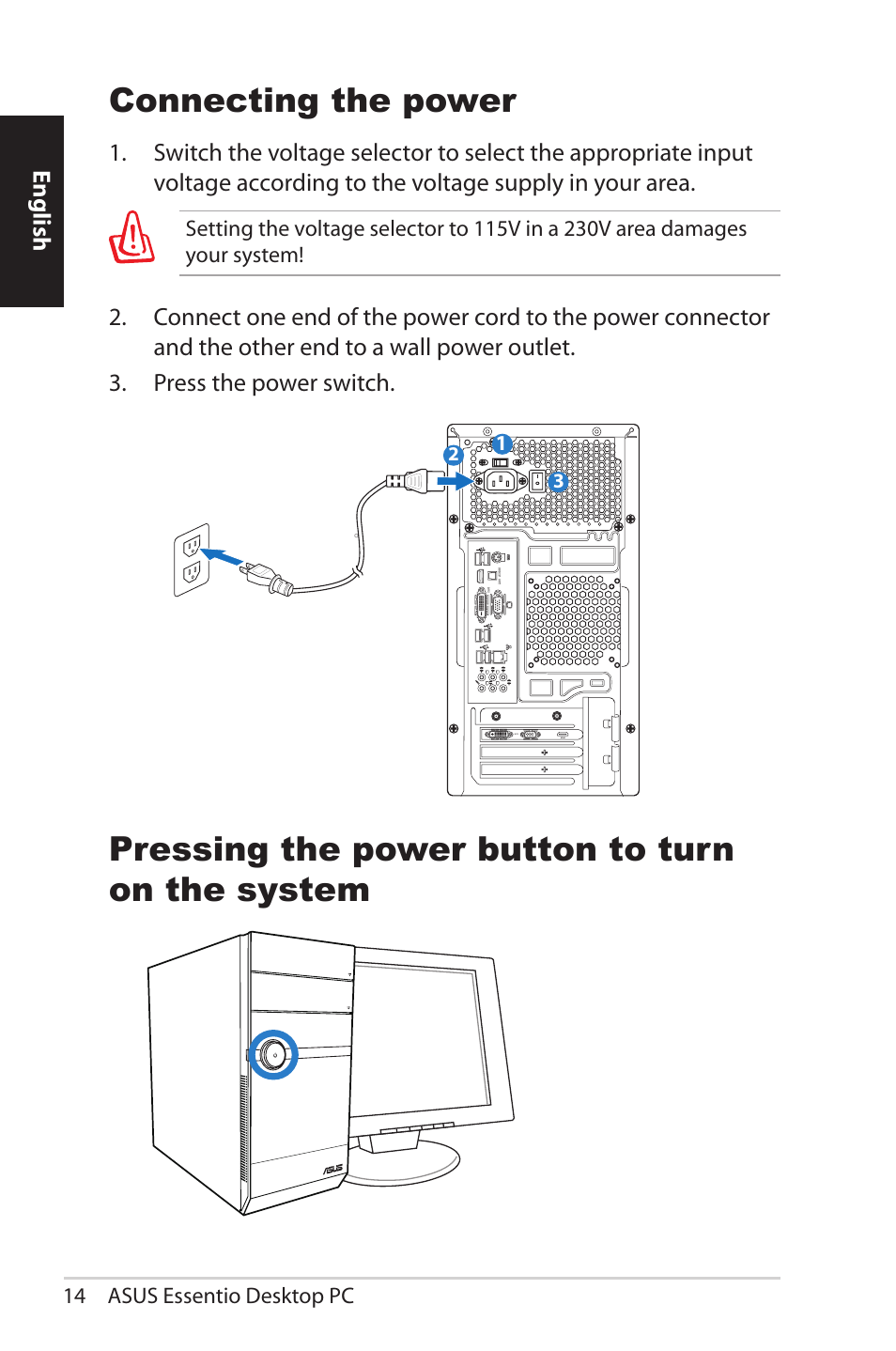 Connecting the power, Pressing the power button to turn on the system, English | Asus CM5570 User Manual | Page 14 / 200