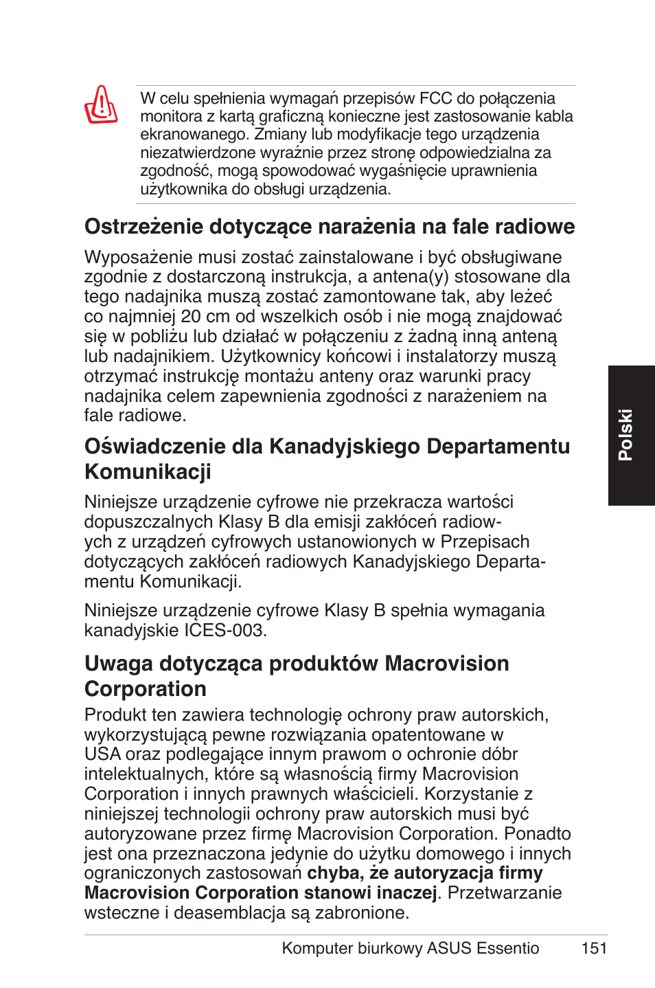 Uwaga dotycząca produktów macrovision corporation, Ostrzeżenie dotyczące narażenia na fale radiowe | Asus CM5570 User Manual | Page 151 / 200