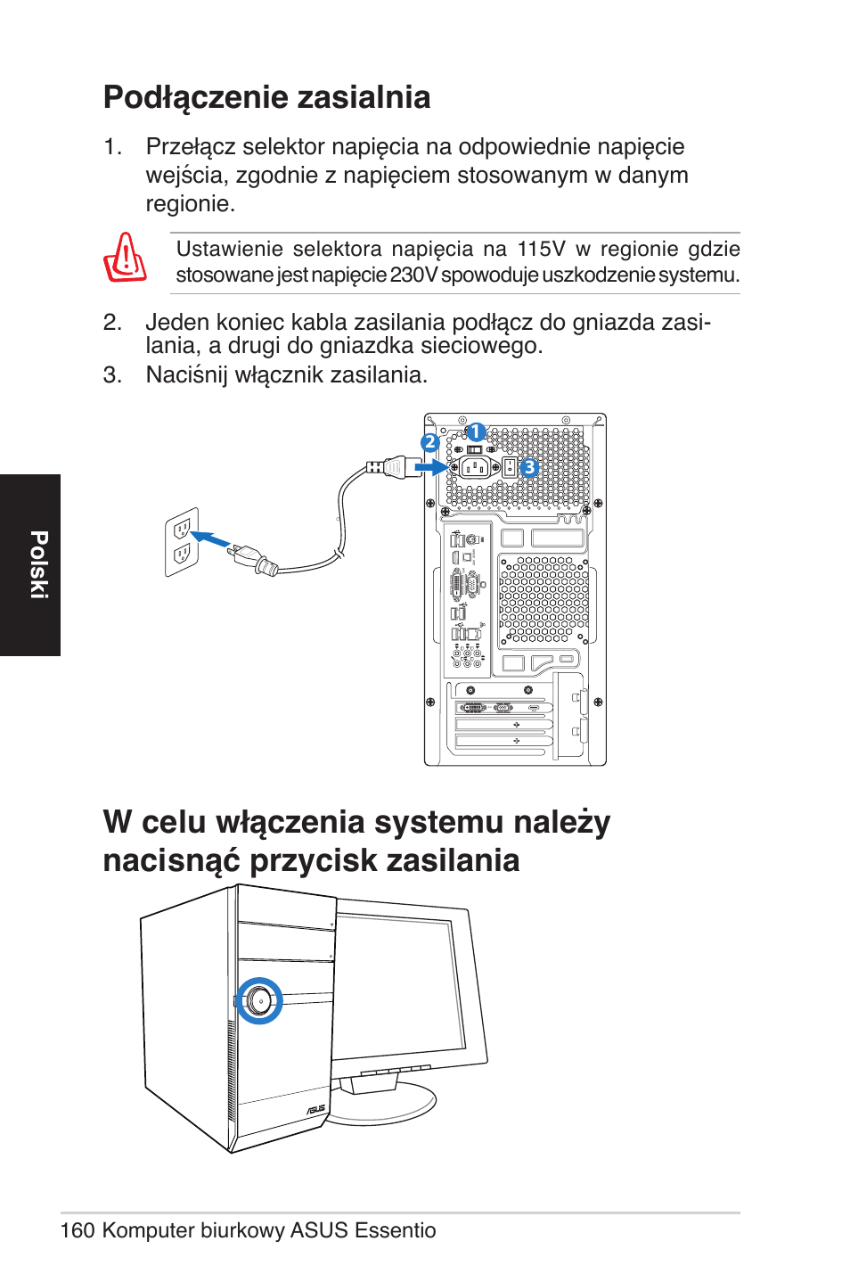 Zasilania, Podłączenie zasialnia, Polski | Asus CM5570 User Manual | Page 160 / 200