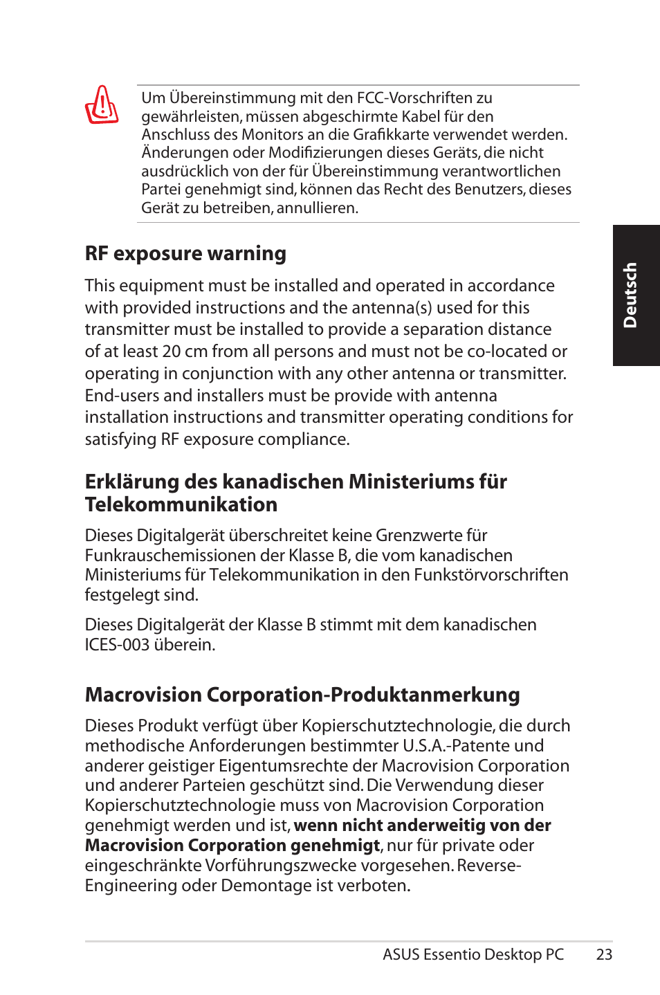 Macrovision corporation-produktanmerkung, Rf exposure warning | Asus CM5570 User Manual | Page 23 / 200