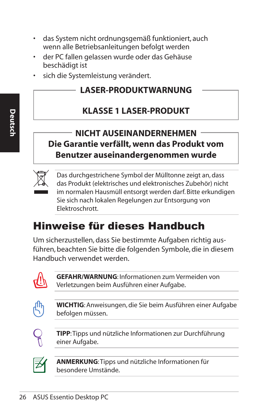 Notes for this manual, Hinweise für dieses handbuch | Asus CM5570 User Manual | Page 26 / 200