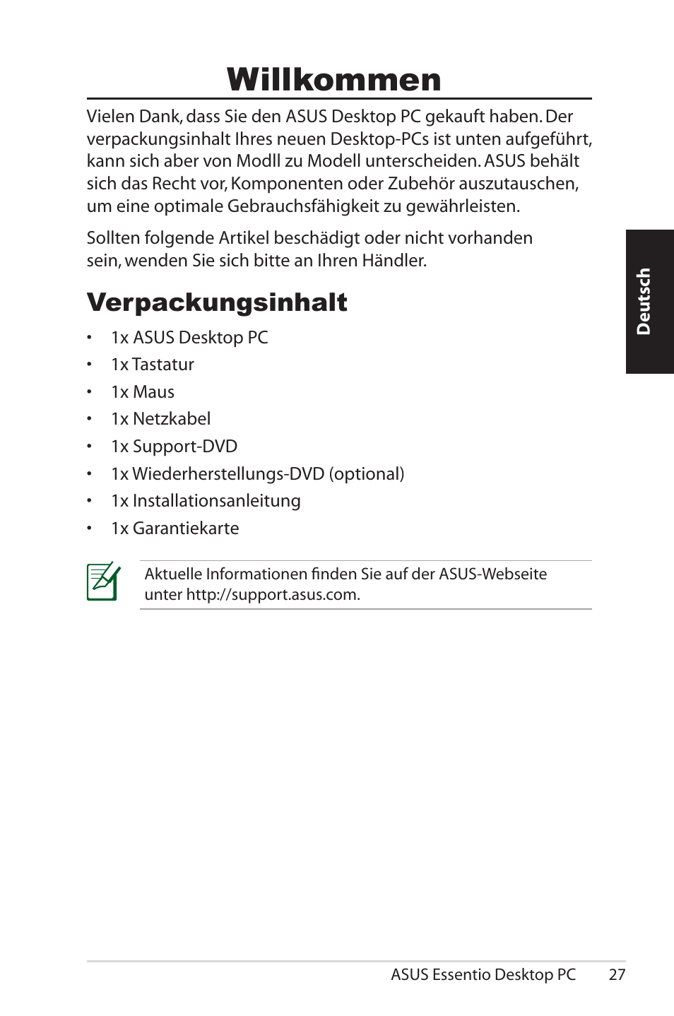 Welcome, Package contents, Willkommen | Ungsinhalt, Verpackungsinhalt | Asus CM5570 User Manual | Page 27 / 200