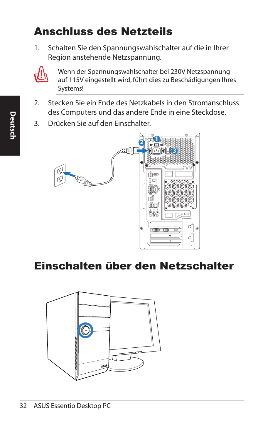 Connecting the power, Pressing the power button to turn on the system, Omanschluss | Deutsch | Asus CM5570 User Manual | Page 32 / 200