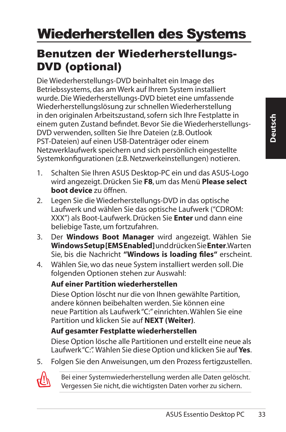 Recovering your system, Using the recovery dvd (optional), Vd (optional) | Wiederherstellen des systems, Benutzen der wiederherstellungs- dvd (optional) | Asus CM5570 User Manual | Page 33 / 200