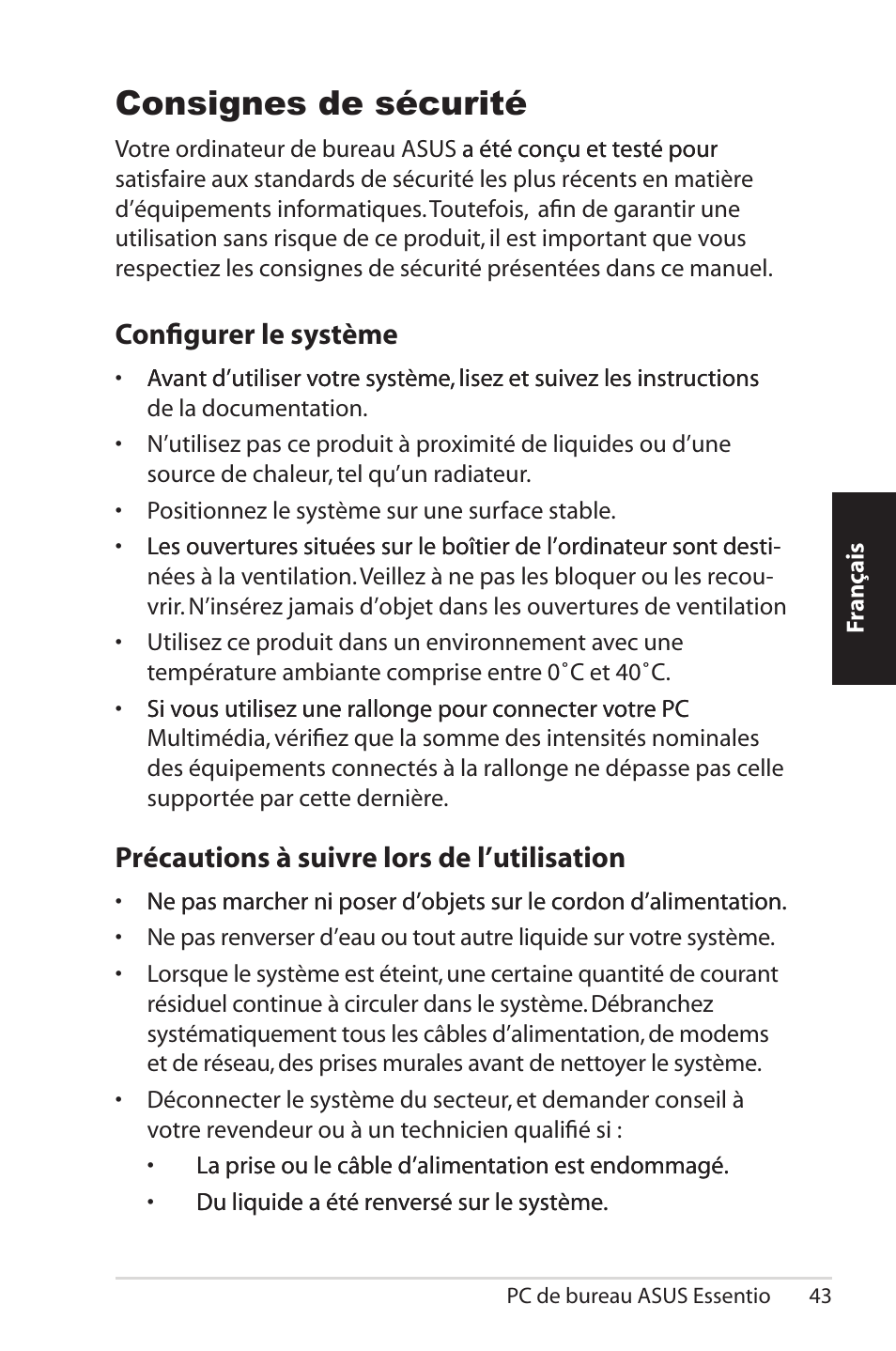 Safety information, Consignes de sécurité, Configurer le système | Précautions à suivre lors de l’utilisation | Asus CM5570 User Manual | Page 43 / 200