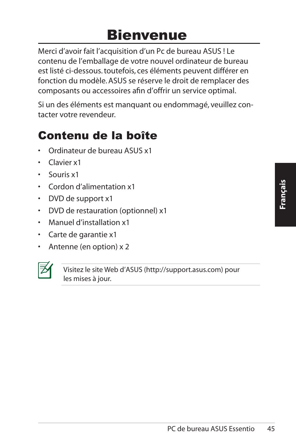 Welcome, Package contents, Bienvenue | Contenu de la boîte | Asus CM5570 User Manual | Page 45 / 200