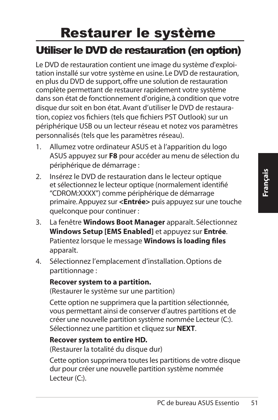 Recovering your system, Using the recovery dvd (optional), Stème | Tion, Restaurer le système | Asus CM5570 User Manual | Page 51 / 200