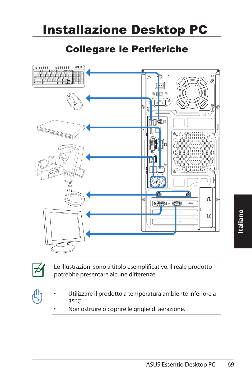 Setting up your desktop pc, Connecting devices, Desktop pc | Installazione desktop pc, Collegare le periferiche, Italiano | Asus CM5570 User Manual | Page 69 / 200