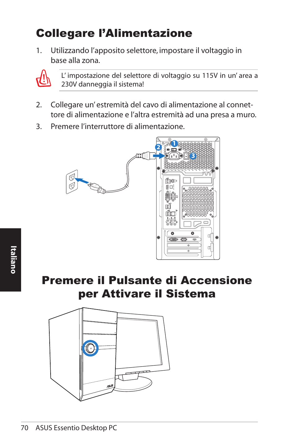 Connecting the power, Pressing the power button to turn on the system, Italiano | Asus CM5570 User Manual | Page 70 / 200