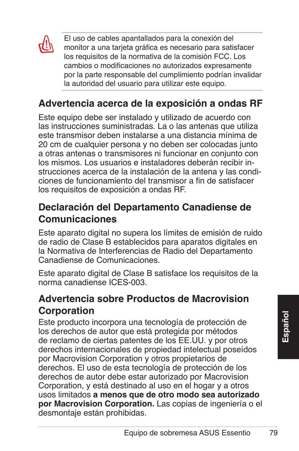 Advertencia acerca de la exposición a ondas rf | Asus CM5570 User Manual | Page 79 / 200