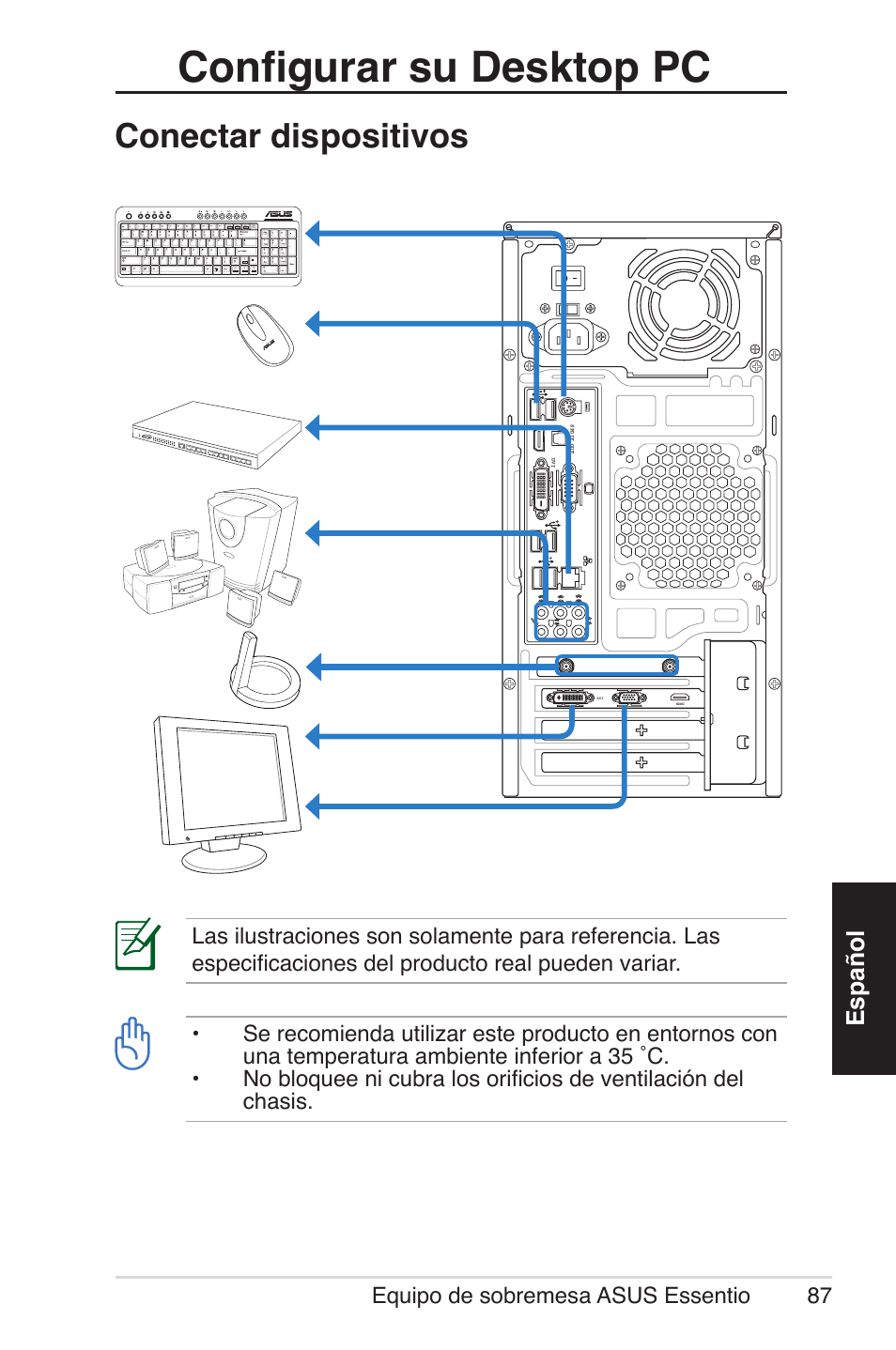 Configurar su desktop pc, Conectar dispositivos, Español | Asus CM5570 User Manual | Page 87 / 200