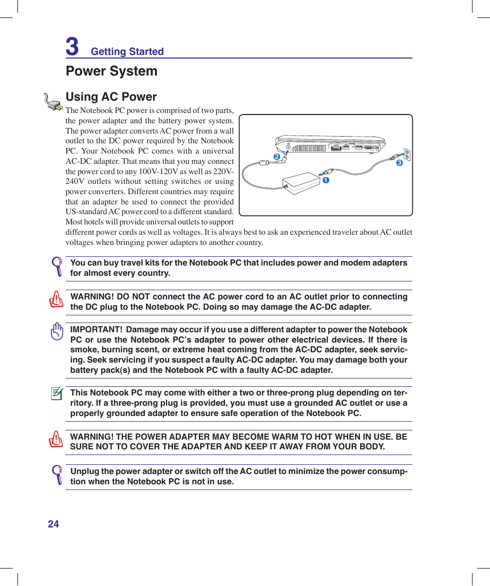 Power system, Using ac power | Asus N20H User Manual | Page 24 / 91