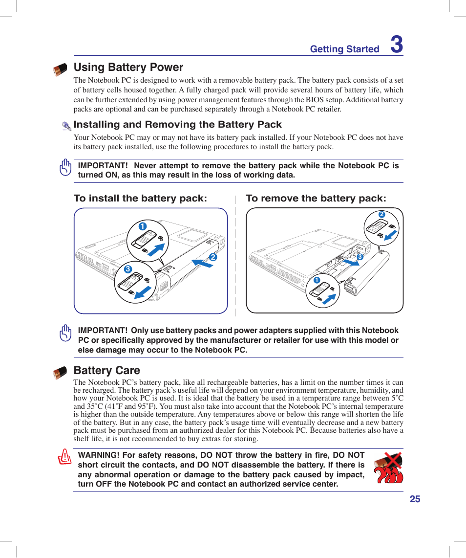 Using battery power, Battery care | Asus N20H User Manual | Page 25 / 91