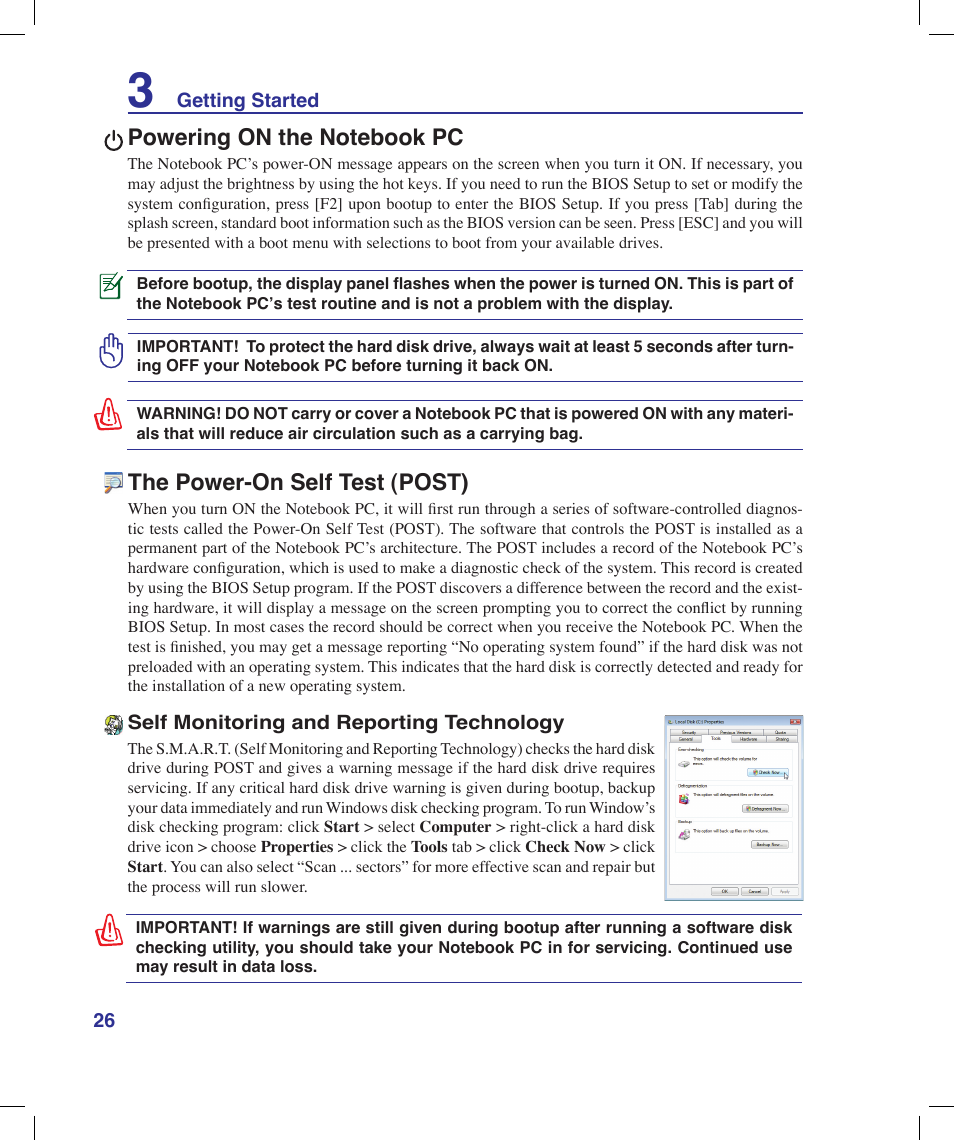 Powering on the notebook pc, The power-on self test (post) | Asus N20H User Manual | Page 26 / 91