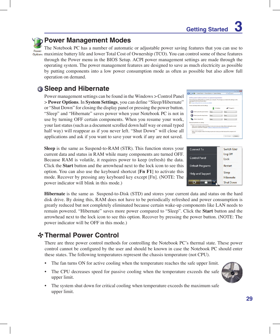 Power management modes, Sleep and hibernate, Thermal power control | Asus N20H User Manual | Page 29 / 91