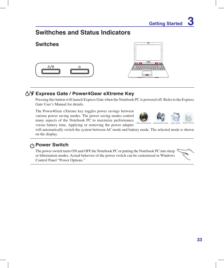 Swithches and status indicators, Switches | Asus N20H User Manual | Page 33 / 91