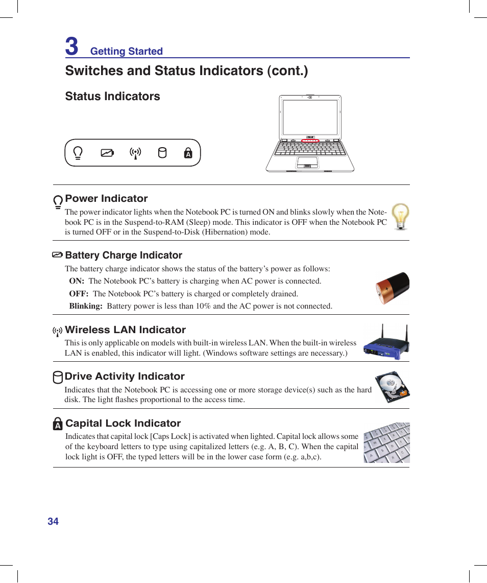 Status indicators, Switches and status indicators (cont.) | Asus N20H User Manual | Page 34 / 91