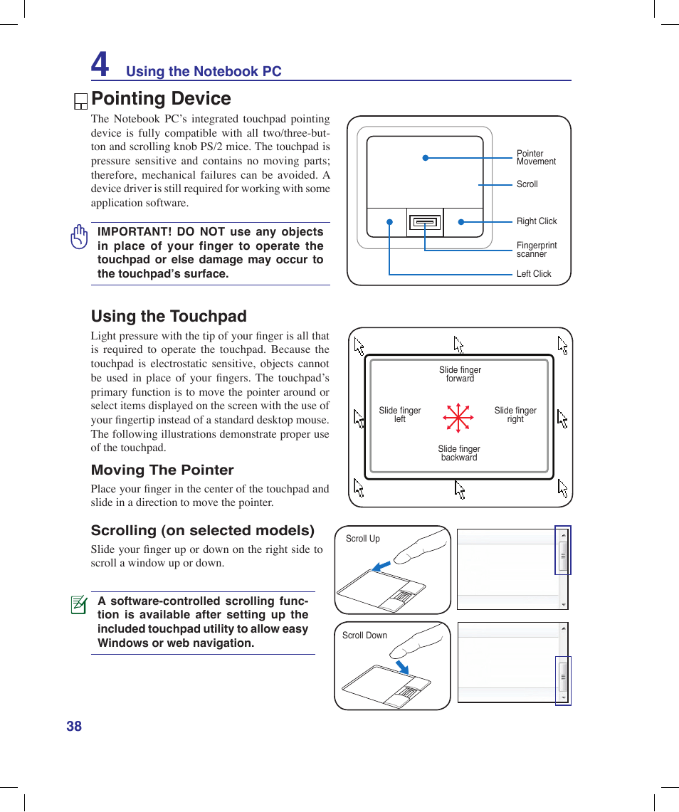 Pointing device, Using the touchpad | Asus N20H User Manual | Page 38 / 91