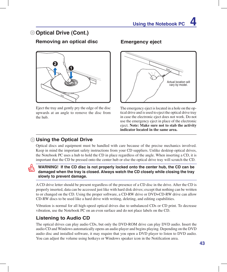 Optical drive (cont.) | Asus N20H User Manual | Page 43 / 91