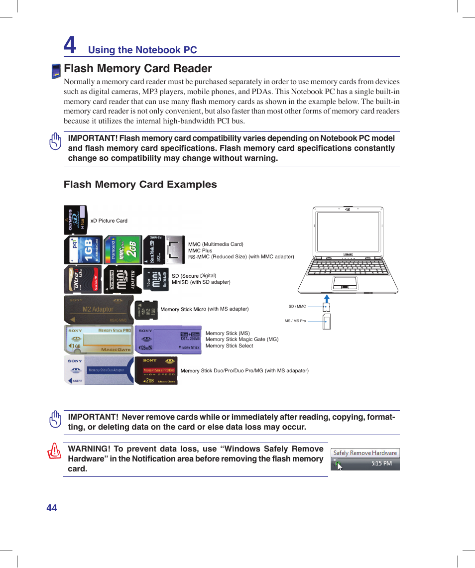 Flash memory card reader | Asus N20H User Manual | Page 44 / 91