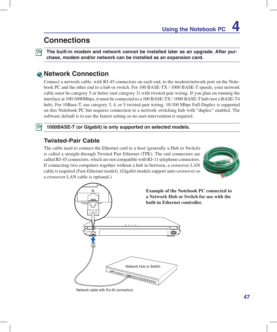 Connections, Network connection | Asus N20H User Manual | Page 47 / 91