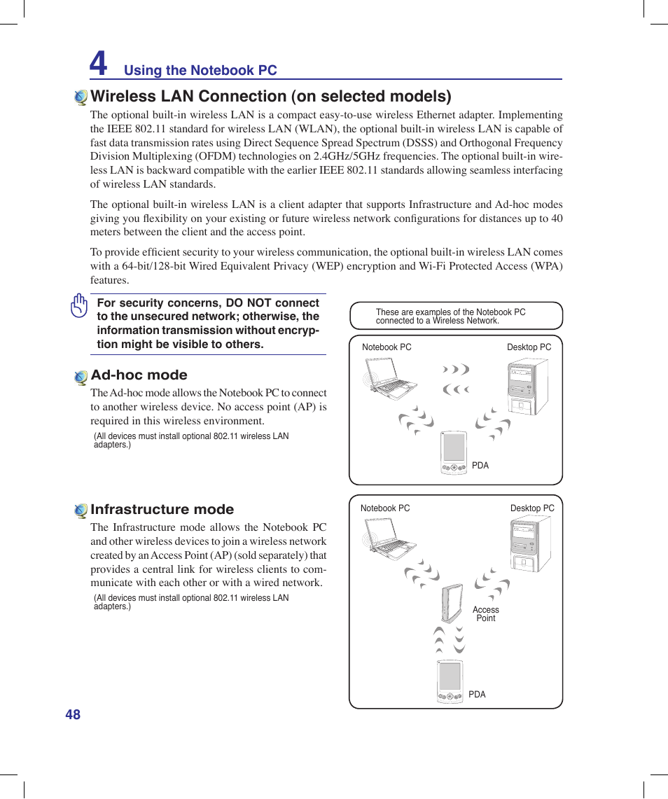 Wireless lan connection (on selected models) | Asus N20H User Manual | Page 48 / 91