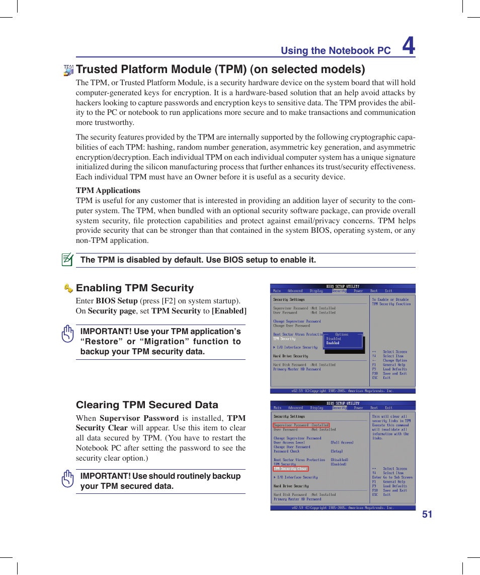 Trusted platform module (tpm) (on selected models) | Asus N20H User Manual | Page 51 / 91