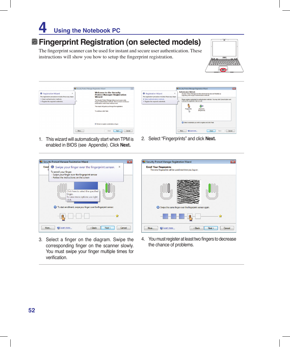 Fingerprint registration (on selected models) | Asus N20H User Manual | Page 52 / 91