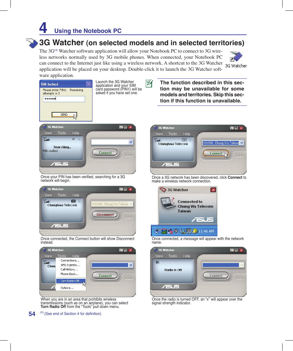 3g watcher, On selected models and in selected territories) | Asus N20H User Manual | Page 54 / 91