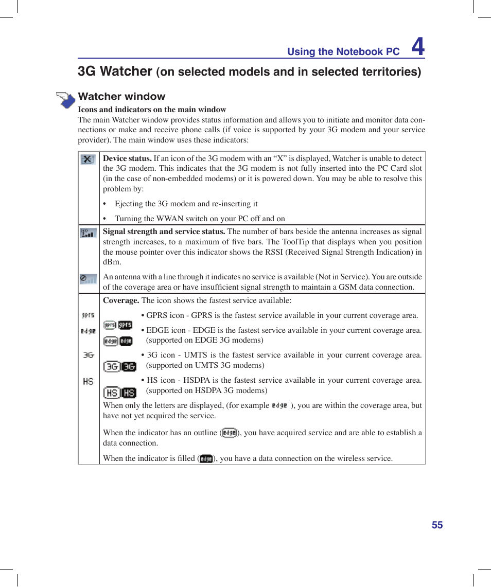 3g watcher, On selected models and in selected territories) | Asus N20H User Manual | Page 55 / 91