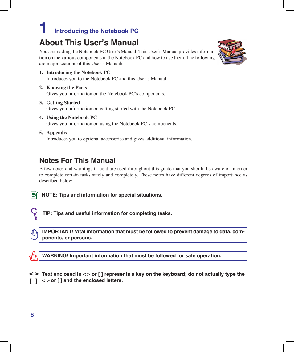 About this user’s manual, Notes for this manual | Asus N20H User Manual | Page 6 / 91