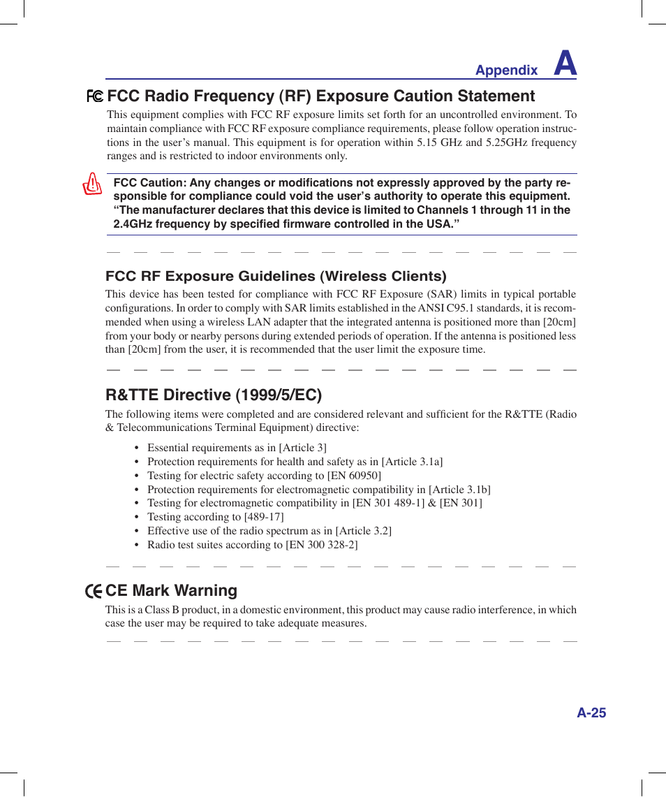 R&tte directive (1//ec), Ce mark warning | Asus N20H User Manual | Page 81 / 91