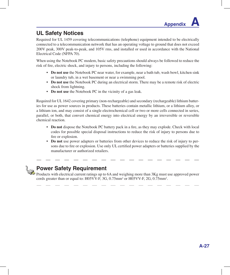 Ul safety notices, Power safety requirement | Asus N20H User Manual | Page 83 / 91