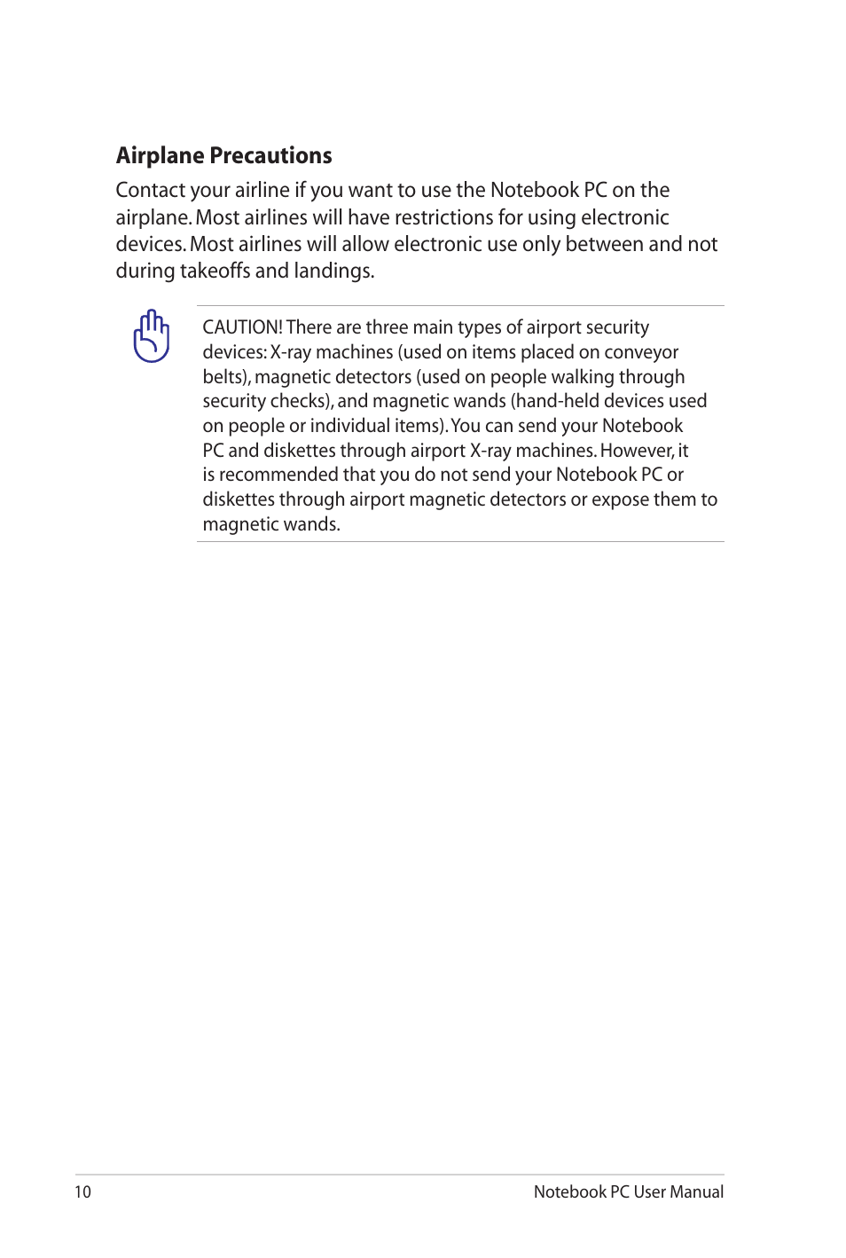 Airplane precautions | Asus G53JW User Manual | Page 10 / 116