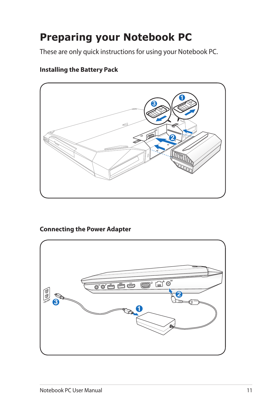 Preparing your notebook pc | Asus G53JW User Manual | Page 11 / 116