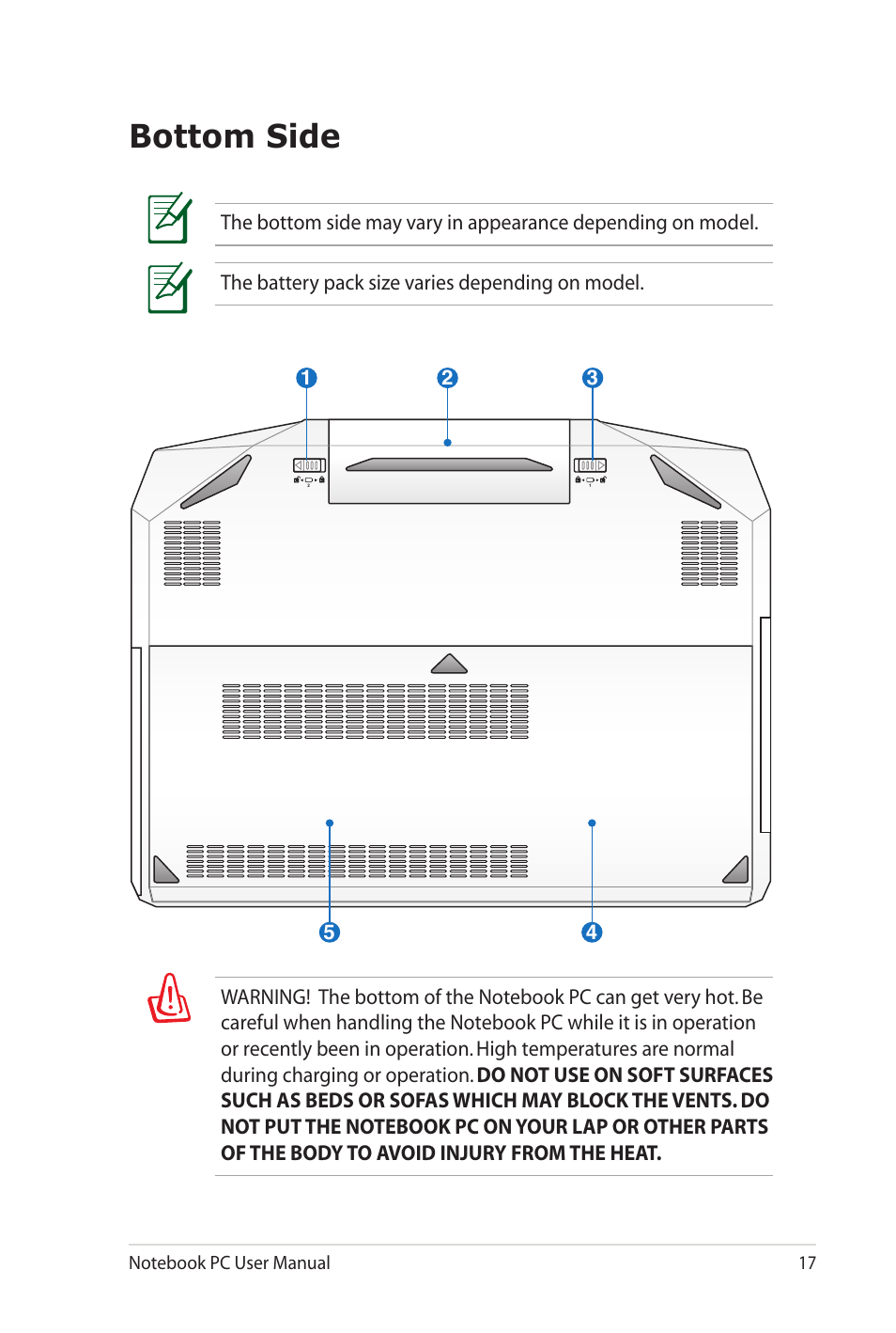 Bottom side | Asus G53JW User Manual | Page 17 / 116