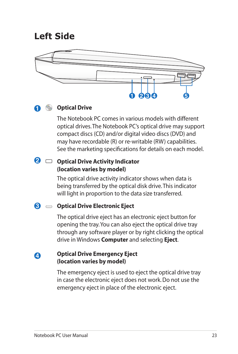 Left side | Asus G53JW User Manual | Page 23 / 116