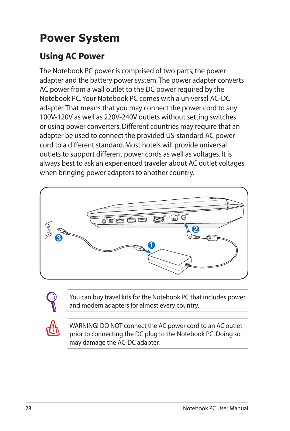 Power system, Using ac power | Asus G53JW User Manual | Page 28 / 116