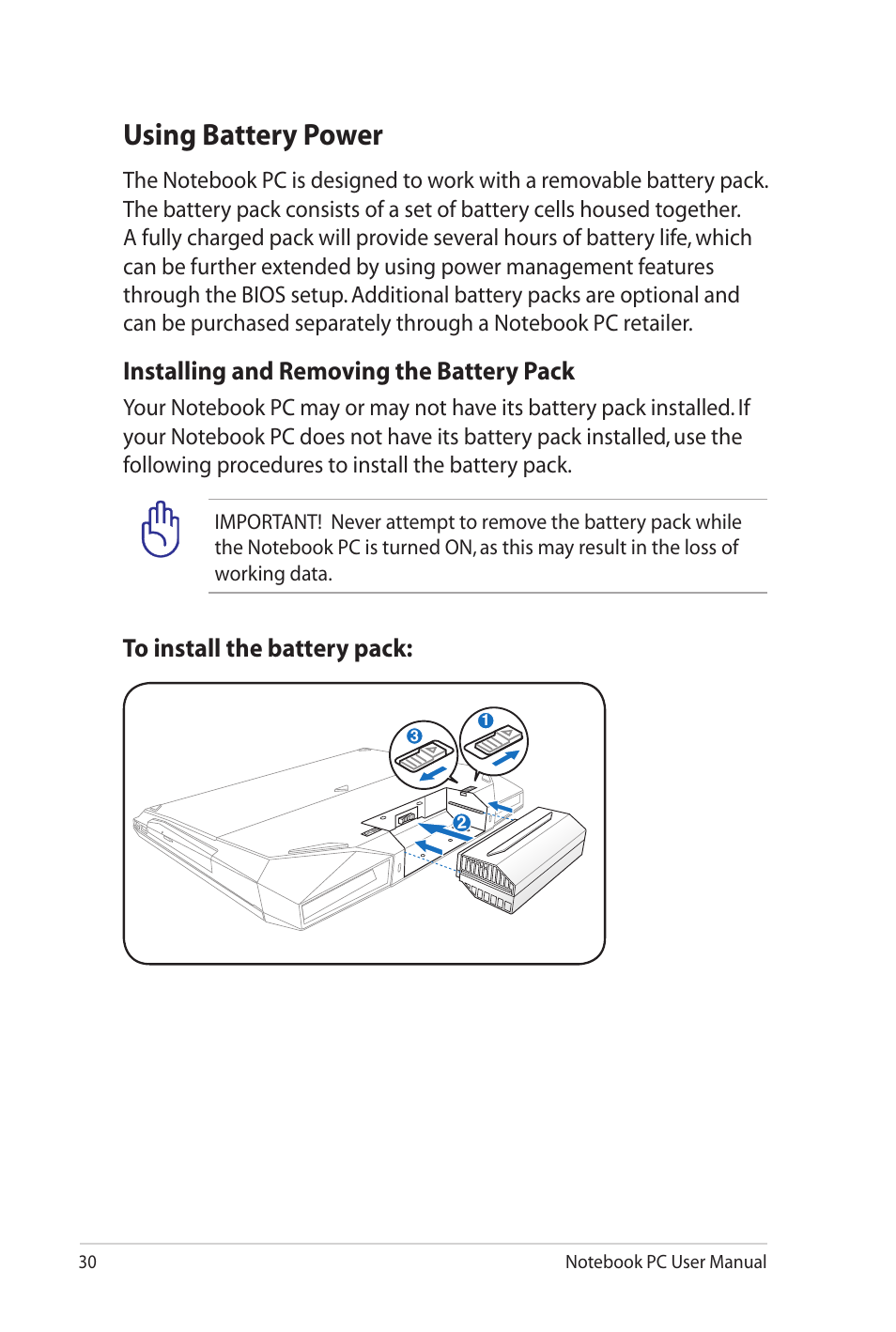 Using battery power, Installing and removing the battery pack | Asus G53JW User Manual | Page 30 / 116