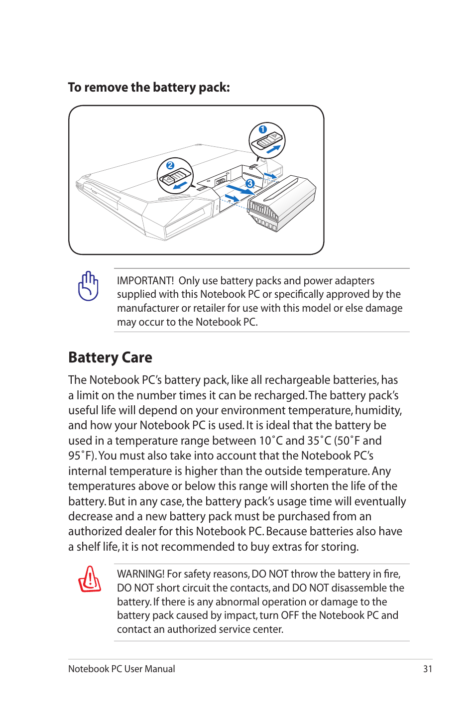 Battery care | Asus G53JW User Manual | Page 31 / 116