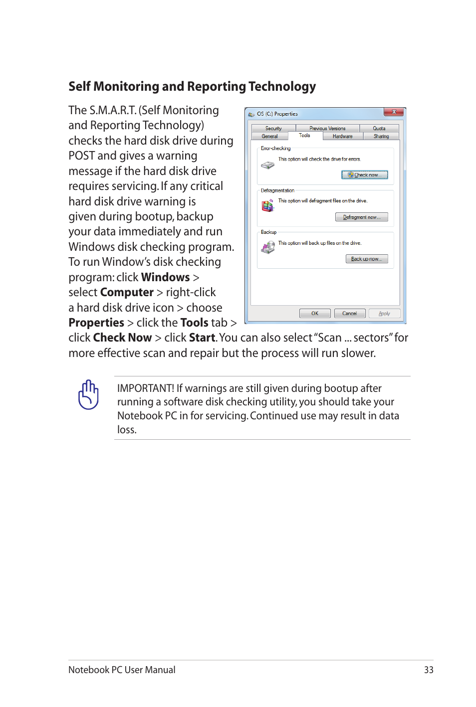 Self monitoring and reporting technology | Asus G53JW User Manual | Page 33 / 116